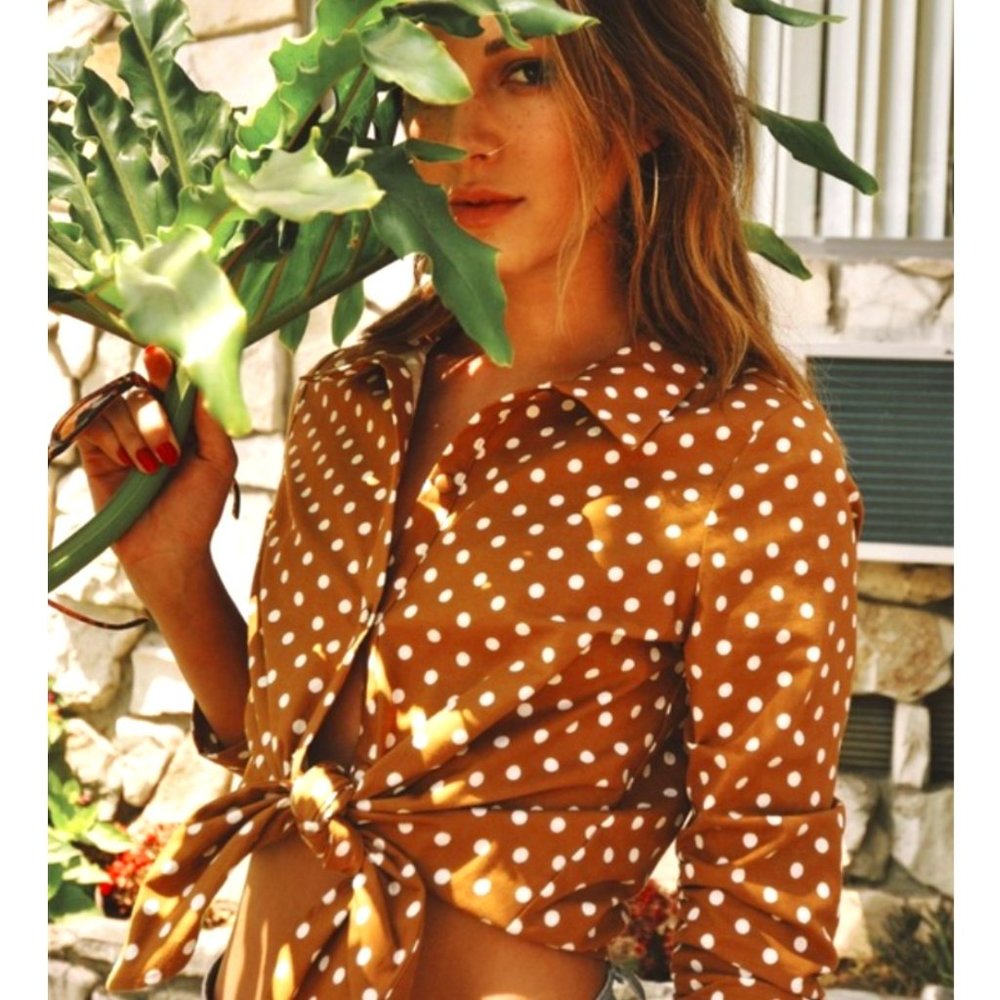 Le Rumi Sonia Tie Front Button Up Polka Dot Blouse, XS NWT